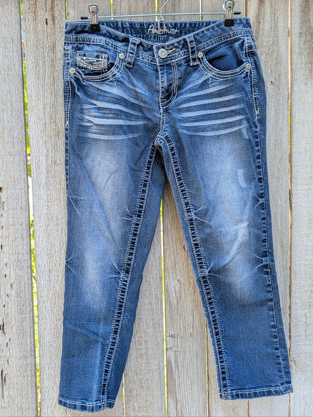 Amethyst Jeans Juniors 7 Blue Skinny Jeans with Faded Whiskering Back To School